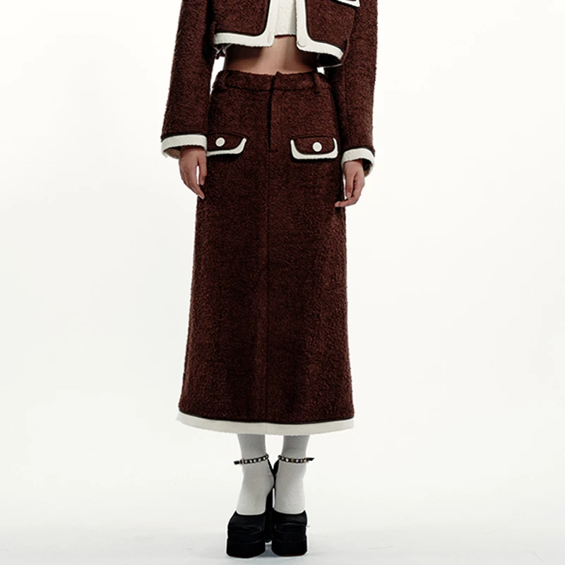 FORDARE/福蝶秋冬新款保暖气质咖色复古撞色呢料长裙半身裙1833