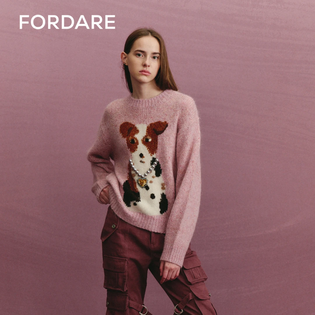 FORDARE福蝶秋季新品粉色斑点狗毛衫套头针织毛衣长袖慵懒2240
