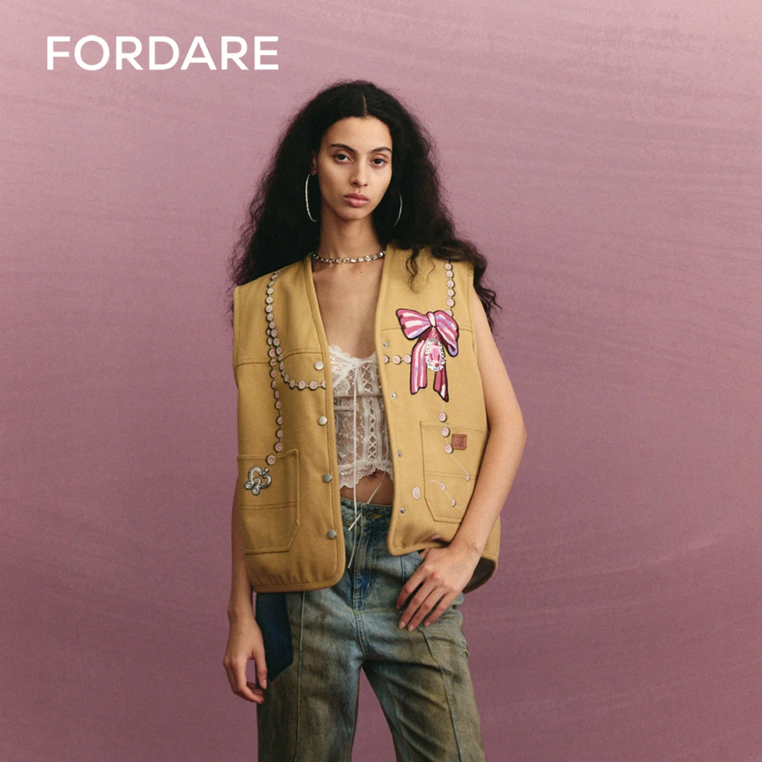 FORDARE福蝶秋季新品 珠链亮片蝴蝶结羊羔绒马甲时尚休闲1604