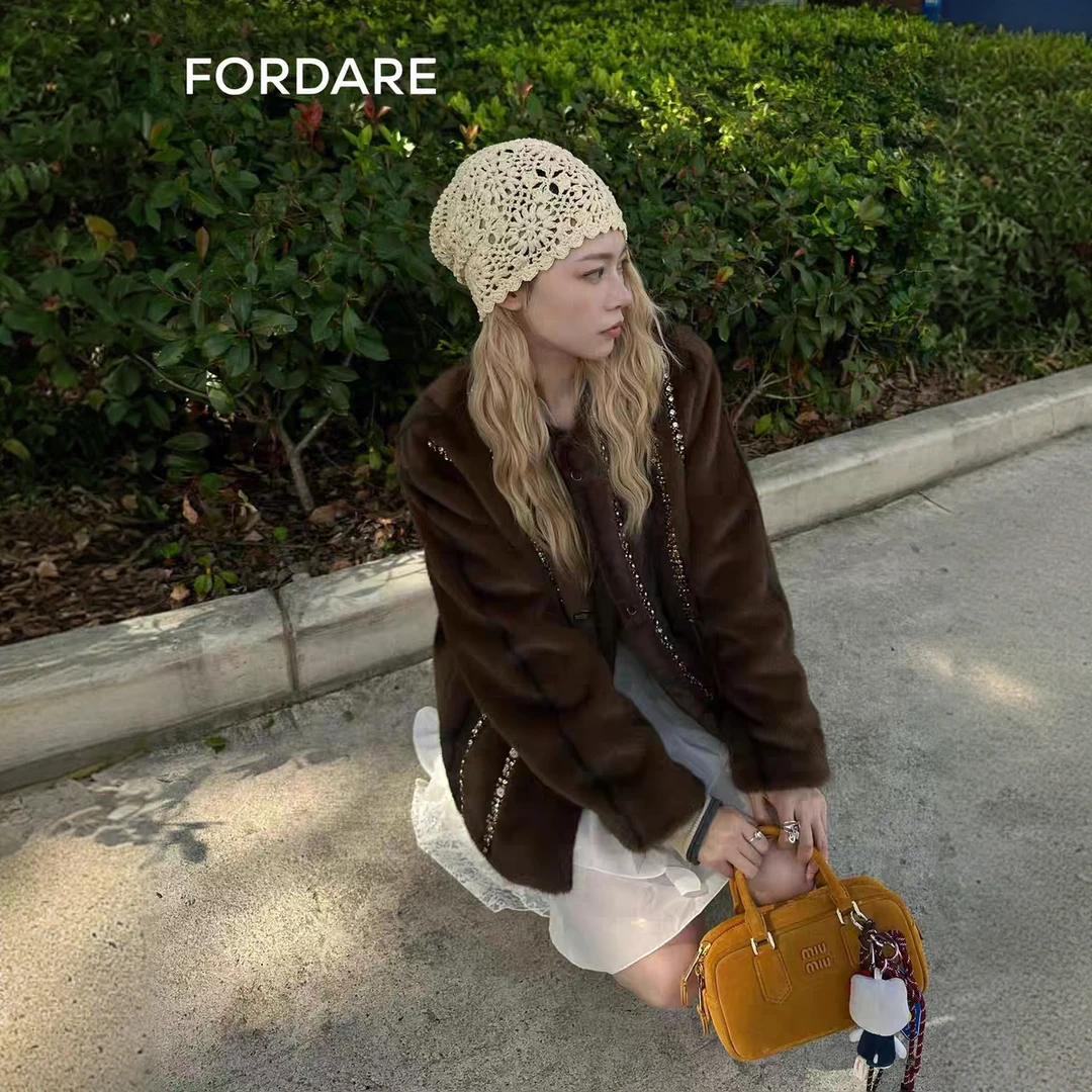 FORDARE福蝶 冬季新品 重工钉珠外套短款休闲百搭气质棕色1138