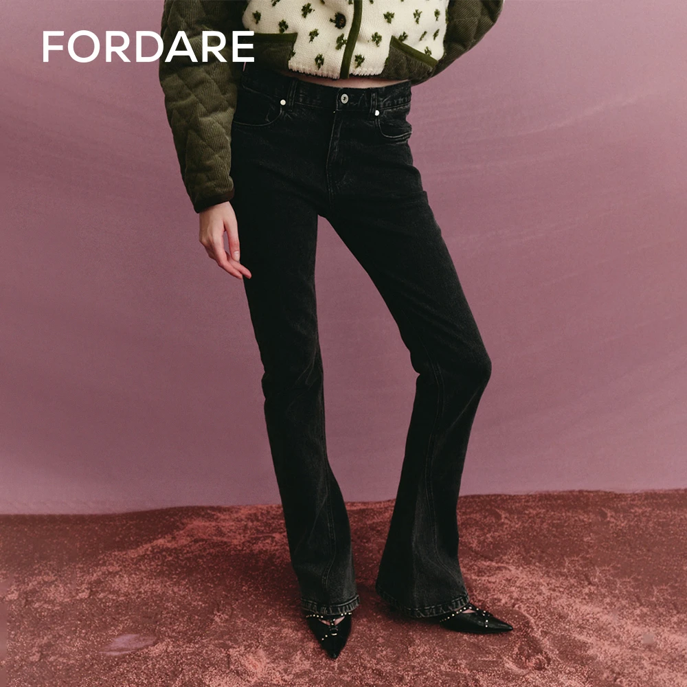 FORDARE福蝶秋季新品 LOGO腰带弹力喇叭裤休闲微喇显瘦修身3333