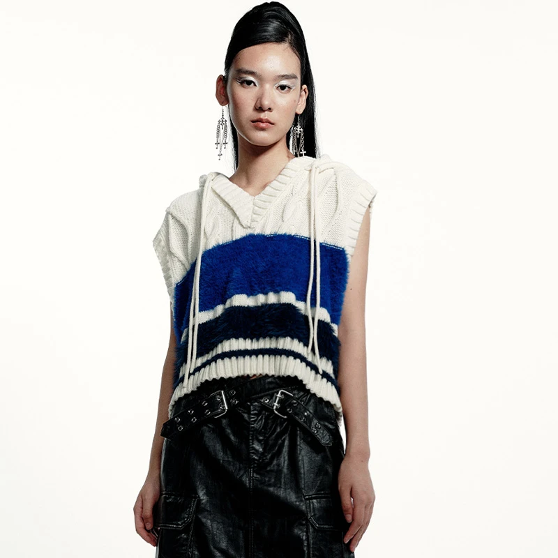 FORDARE福蝶 撞色条纹马甲时尚休闲针织无袖马甲秋季套头百搭1216