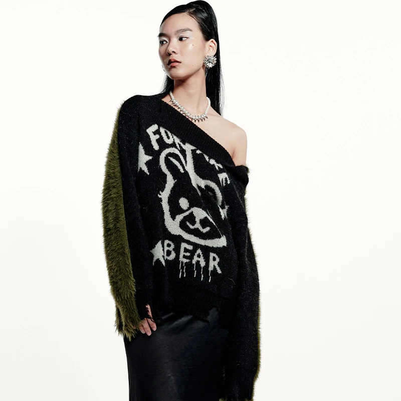 FORDARE福蝶秋季新款涂鸦独角熊宽松气质套头毛衫秋季3218