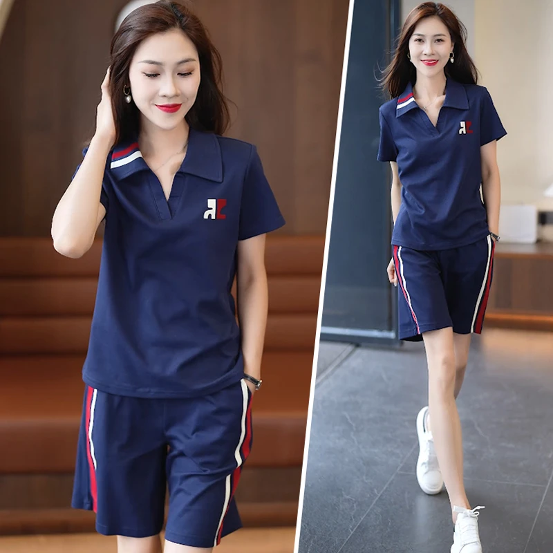 休闲运动服套装女夏季新款洋气时尚短裤棉短袖跑步服女士两件套