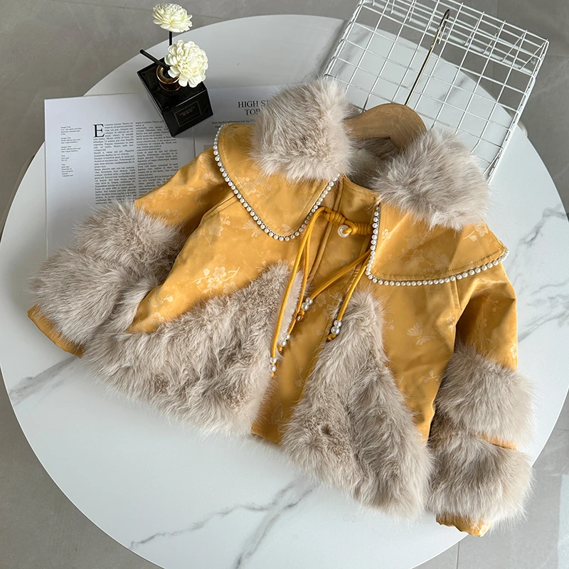 女童外套冬装新款洋气棉袄小香风皮衣一体外套