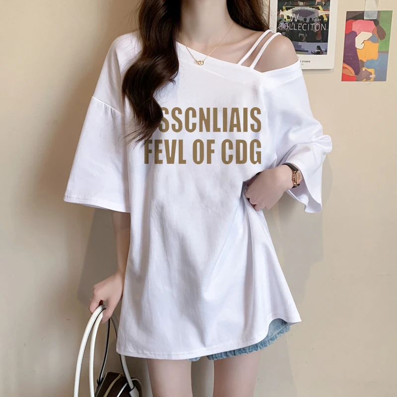 小心机斜领短袖t恤女夏季2024新款宽松美式设计感大码纯棉上衣ins