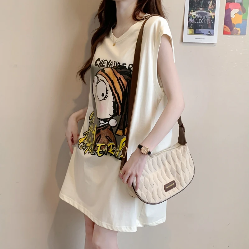 纯棉长款无袖背心T恤女夏季2024爆款设计感时尚卡通百搭坎肩上衣