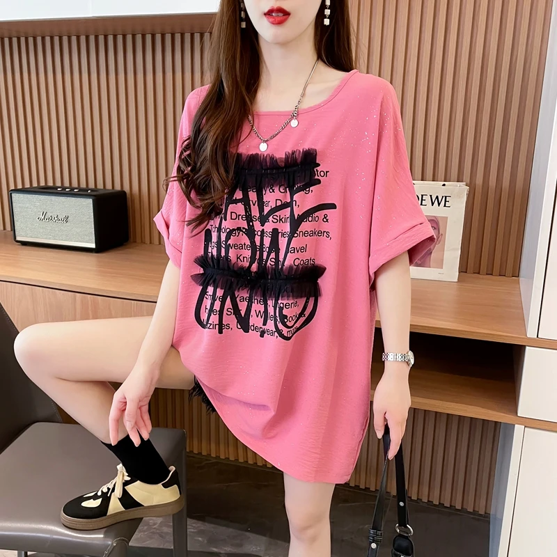 时尚满天星短袖T恤女夏季2024爆款宽松中长款减龄洋气半袖上衣潮