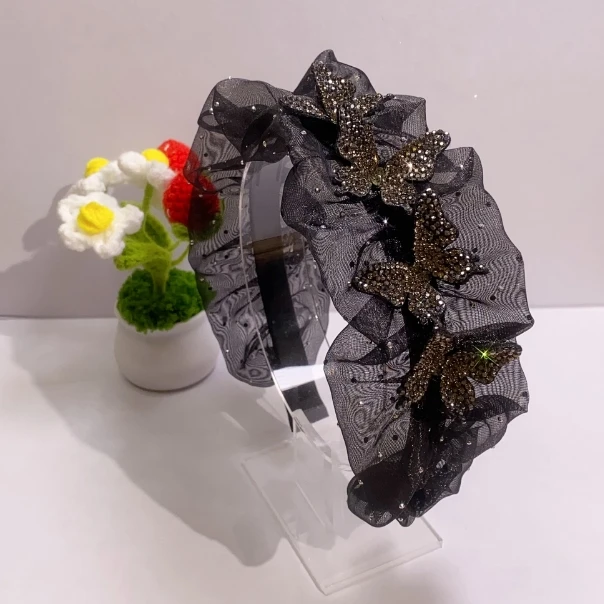 春季新款蝴蝶欧根纱宽边带齿发箍A76