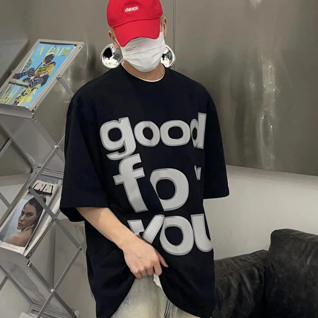 夏季新款宽松ins字母短袖T恤时尚百搭潮男女同款圆领T恤065港风