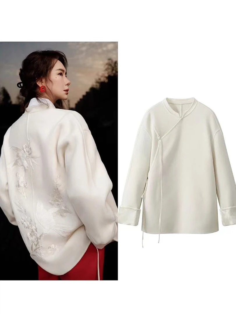 【M190】春新品新中式圆领重工刺绣宽松休闲双面呢外套