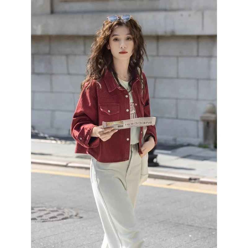 安可拉红色牛仔外套 2024秋季小个子百搭摩登感翻领短款夹克衫女