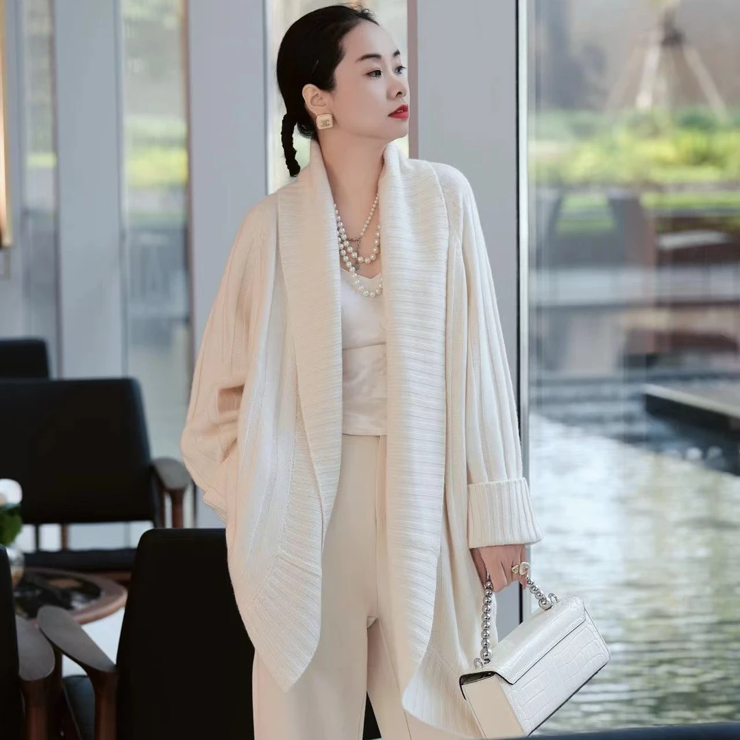 爱妃原创【暮雪】新中式秋冬时尚保暖杏色宽松绵羊毛中长外套86591