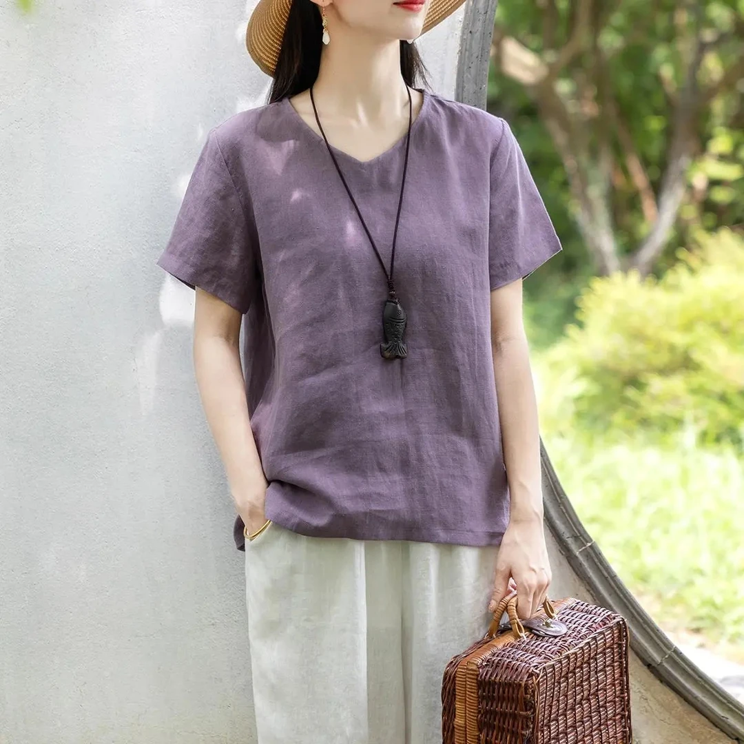 【当天发+退货包邮】棉麻短袖t恤女夏季新款上衣短款气质小衫114