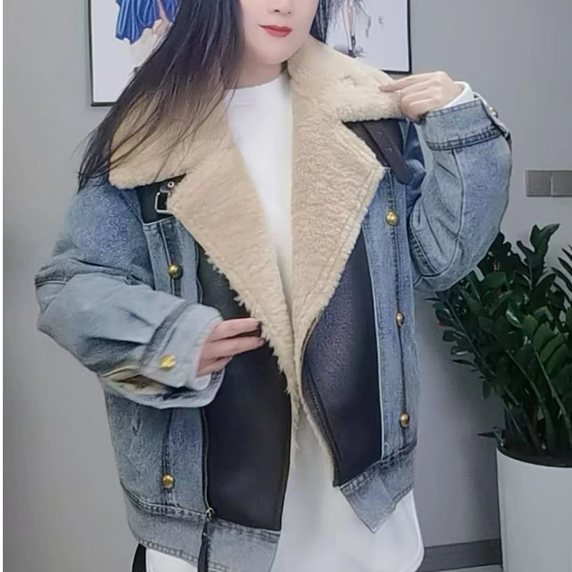 90国标毛领牛仔保暖外套时尚百搭女士加绒韩版冬季休闲潮流加厚