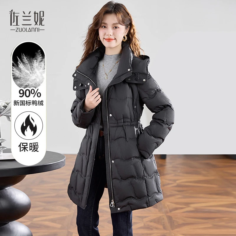品牌黑色中长款羽绒服女冬季小个子2025年新款修身显瘦收腰高级感