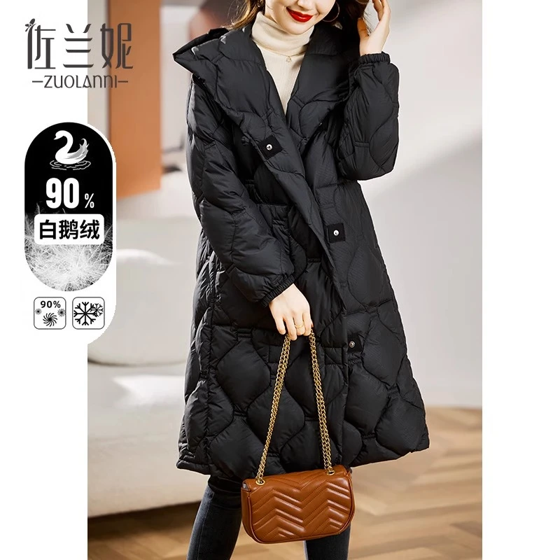 黑色时尚大鹅绒羽绒服女中长款气质洋气显瘦盘扣2025年新款冬加厚