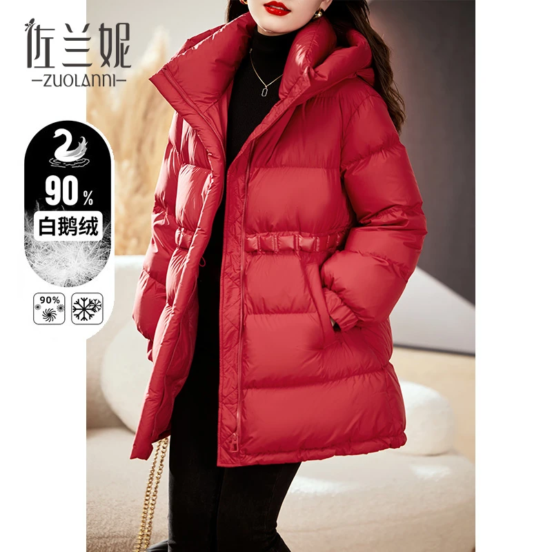 品牌宽松鹅绒羽绒服女冬2023新款新年红色保暖洋气中长款加厚时尚
