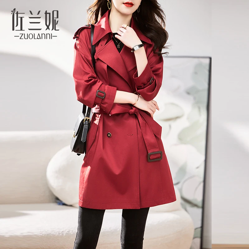 酒红色小个子中长款风衣女装外套春秋2023新款时尚气质高级感轻奢