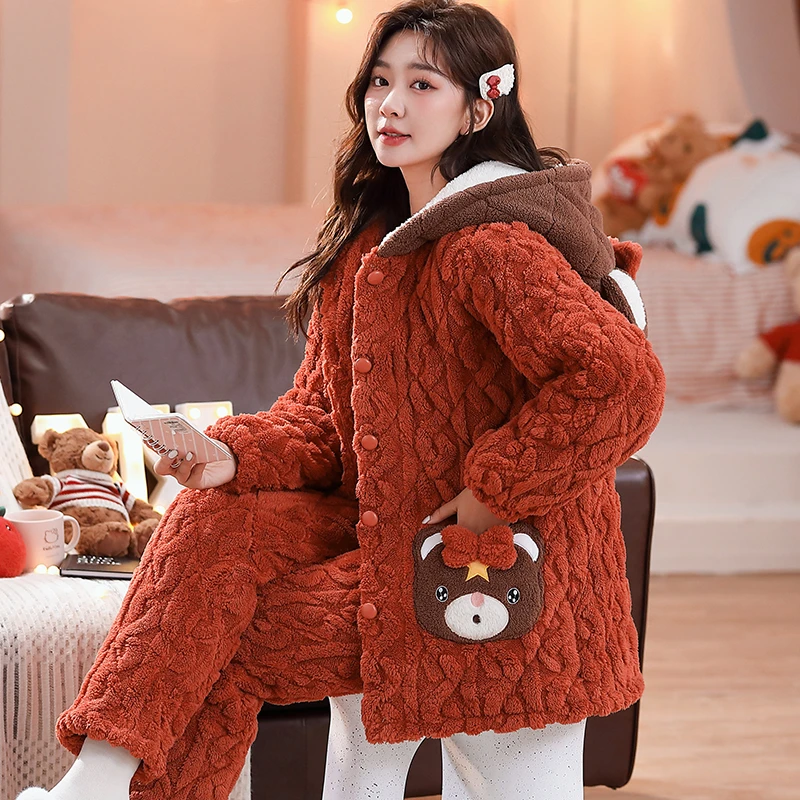 睡衣女秋冬季珊瑚绒三层夹棉袄加厚加绒可爱法兰绒保暖家居服套装