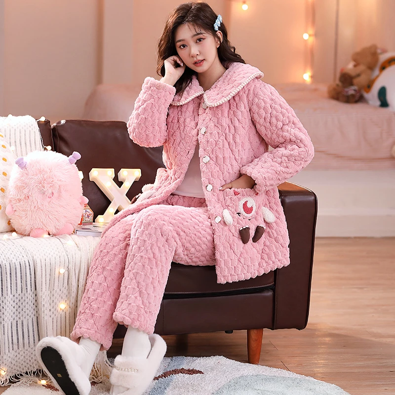 三层夹棉袄睡衣女加厚加绒2023新款珊瑚绒秋冬季款家居服保暖套装