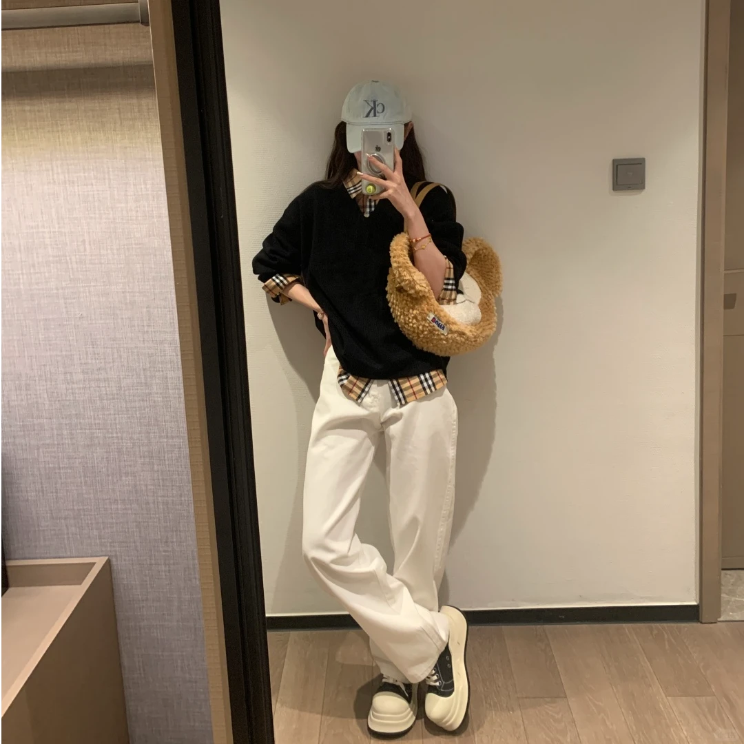 韩系慵懒学院风V领针织衫套头毛衣叠穿格子衬衫上衣两件套女秋冬