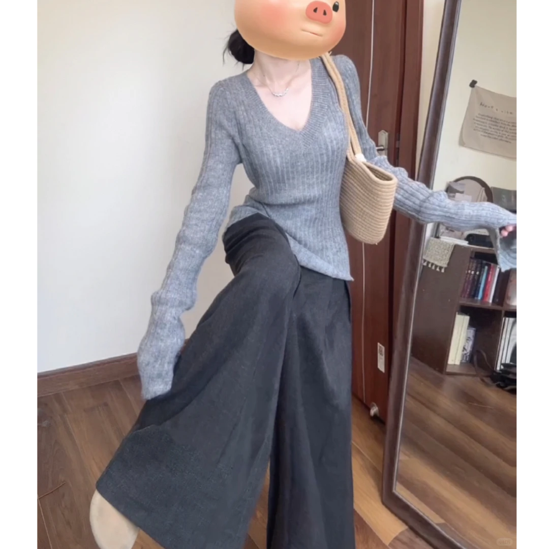 慵懒V领内搭外穿长袖针织衫女灰色修身显瘦毛衣打底衫上衣复古