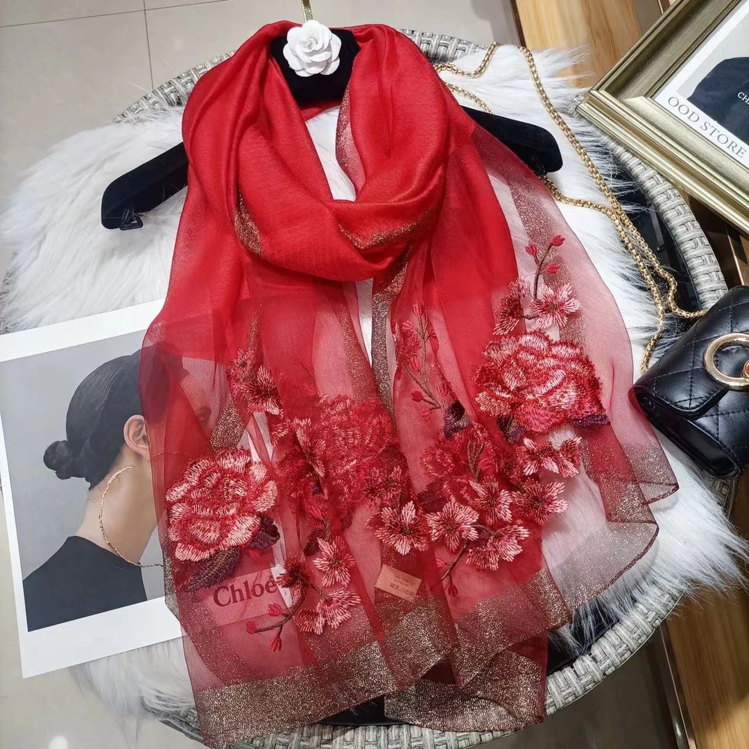 国色天香牡丹花丝毛刺绣丝巾披肩