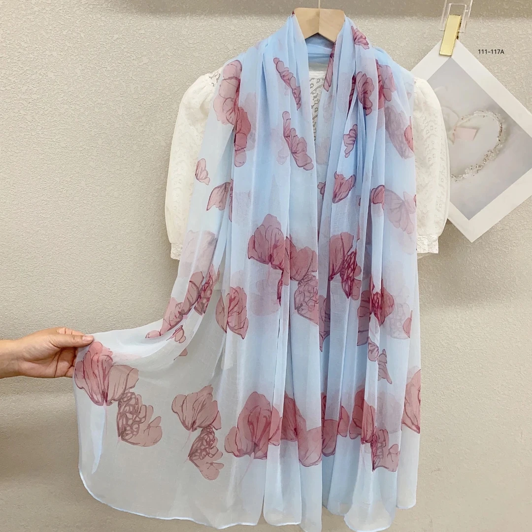 新款鳄鱼皱浅蓝色蝴蝶兰印花丝巾四季通用百搭披肩围巾