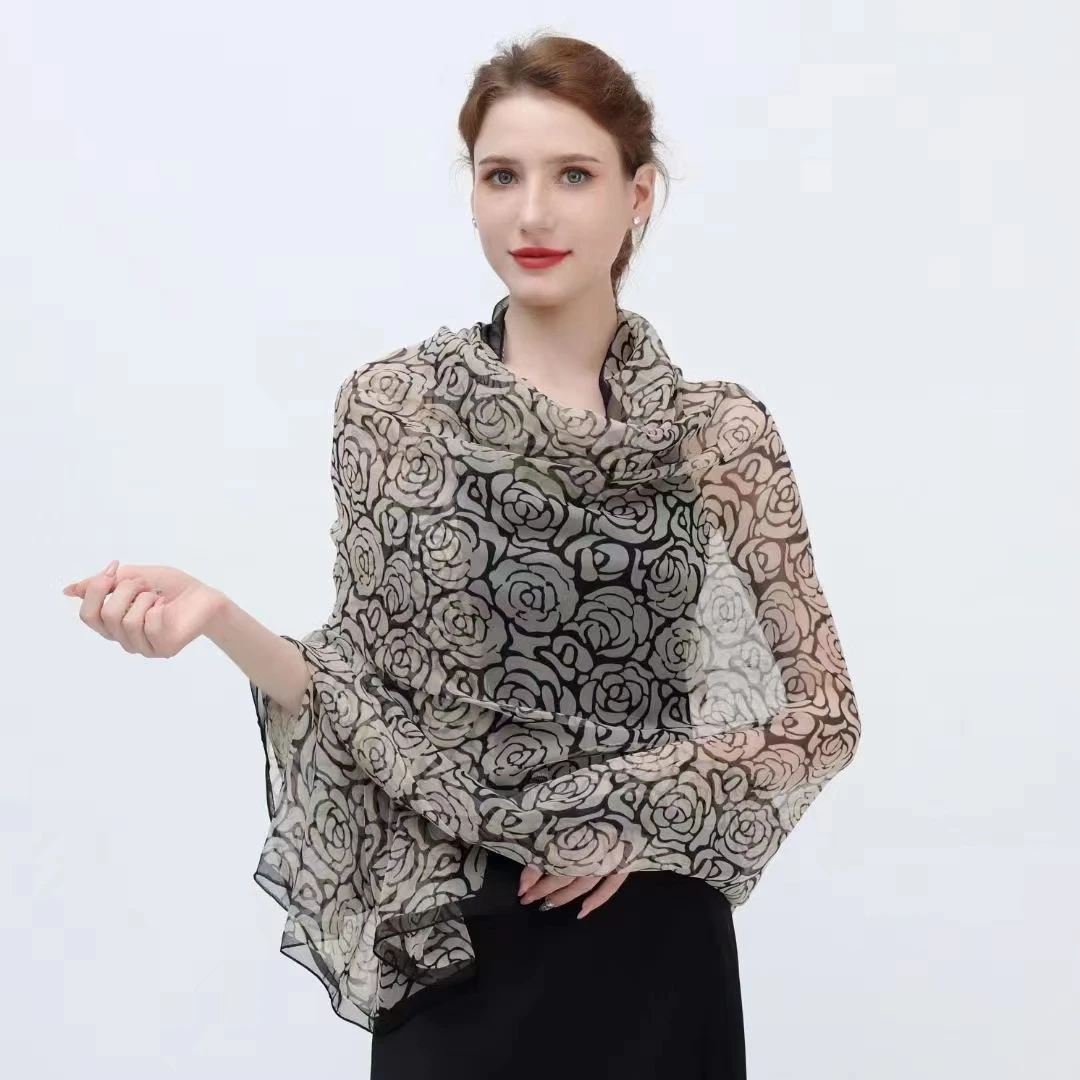 黑白玫瑰花优柔纱丝巾时尚百搭丝巾长巾