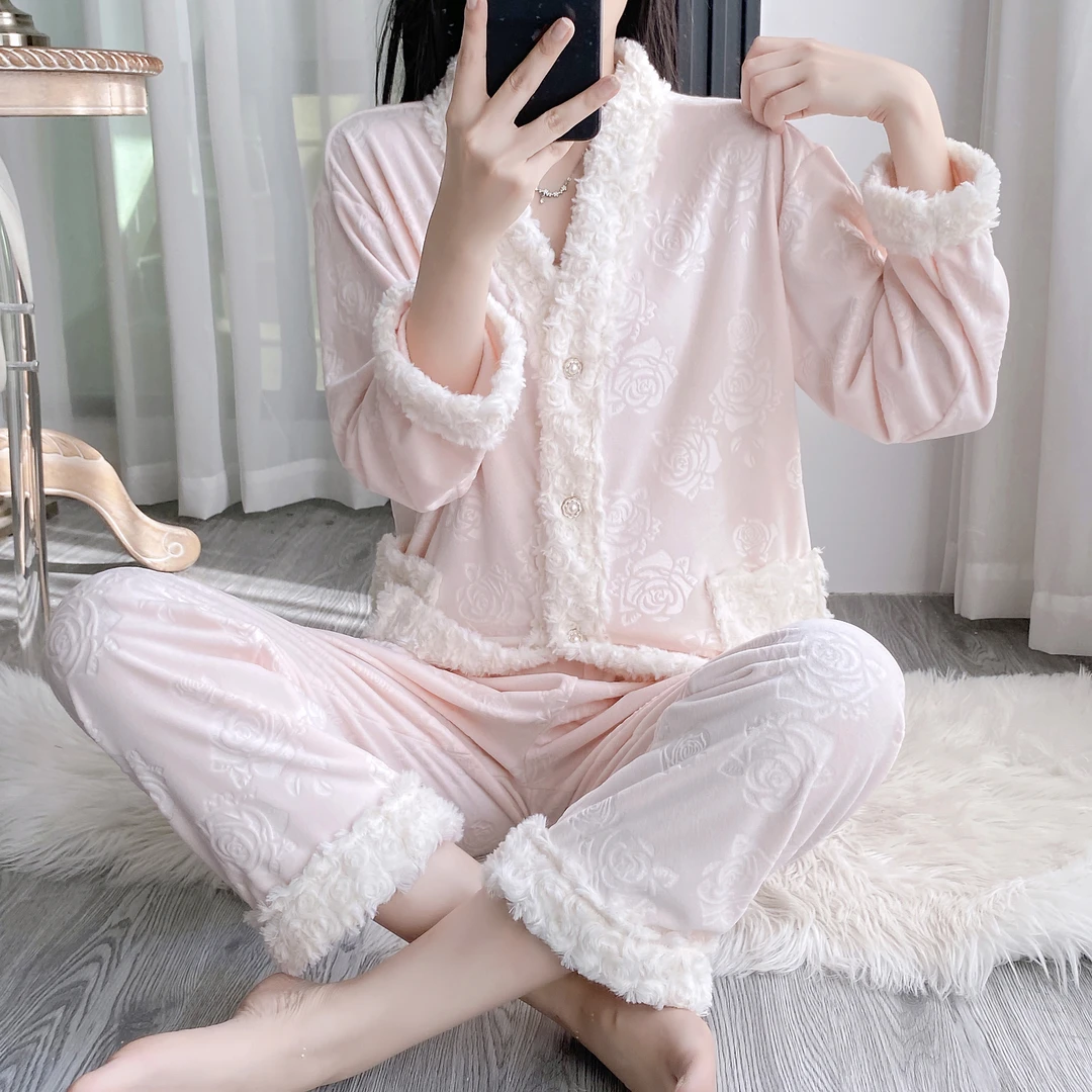 【桃粉佳人】双面绒海岛绒小香风秋冬季加厚保暖甜美花边奢华家居服
