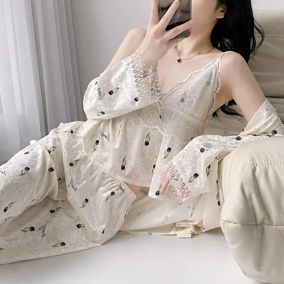 【小樱桃】时尚秋冬女士宽松睡衣女套装蕾丝大码春秋长袖套头女睡衣