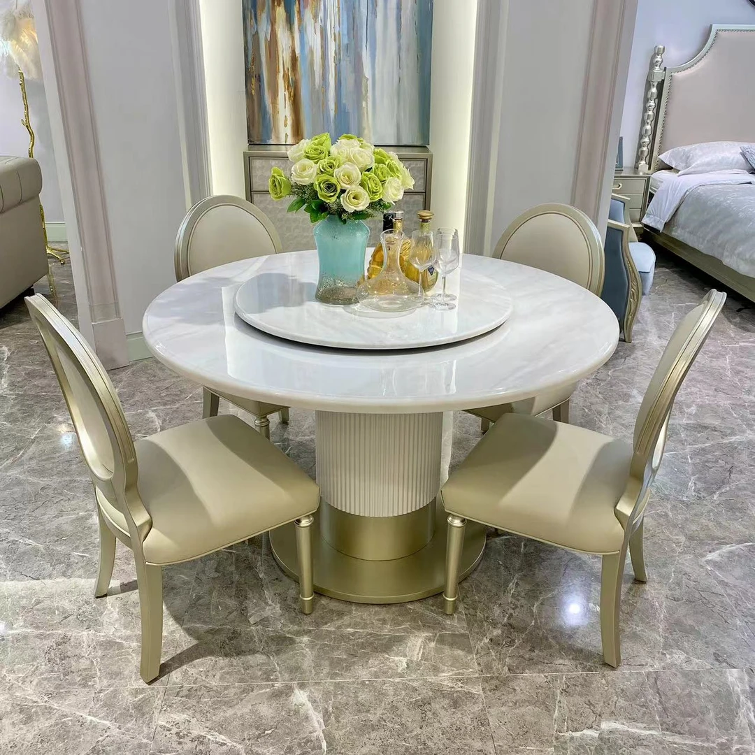 美式轻奢实木圆餐桌仿真石面圆餐桌/简约圆形餐台饭桌别墅