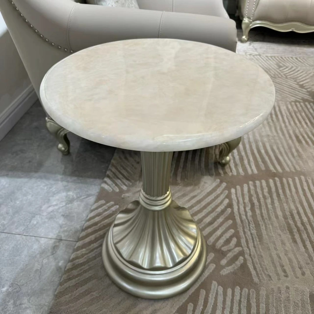 美式轻奢实木小圆几/客厅边几圆形大理石岩板边几（尺寸：φ500*650）