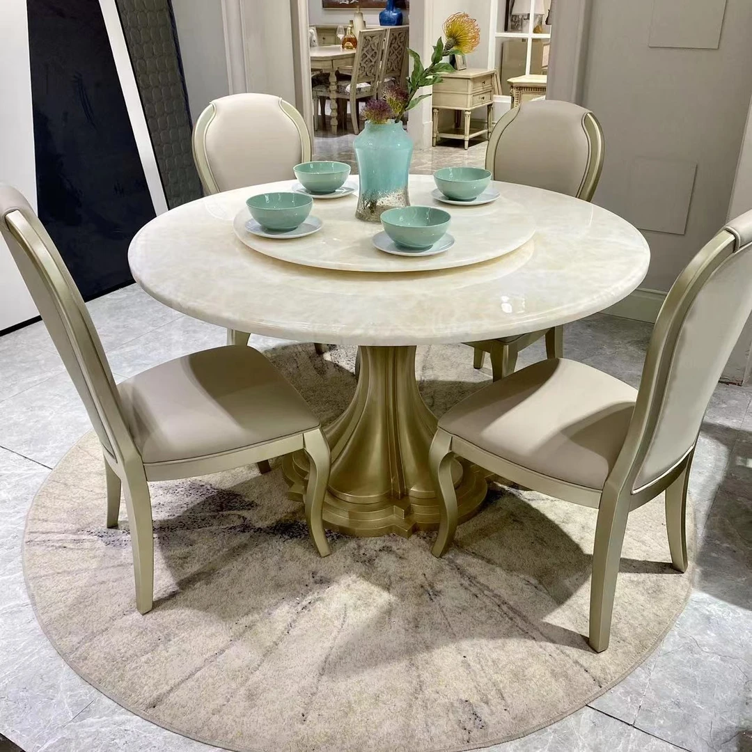 美式轻奢实木岩板圆餐桌/简约圆形餐台饭桌别墅木面