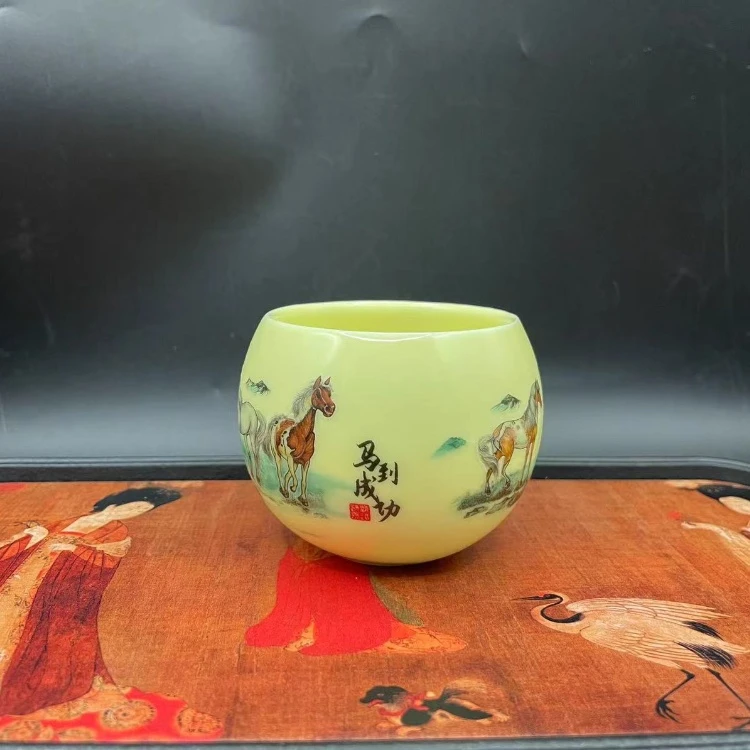 【马到成功】创意陶瓷主人杯 精美手绘茶杯白瓷手工品铭杯大号