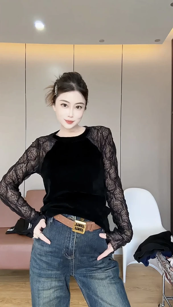 2025早秋新款蕾丝长袖T恤衫圆领洋气港味打底衫上衣