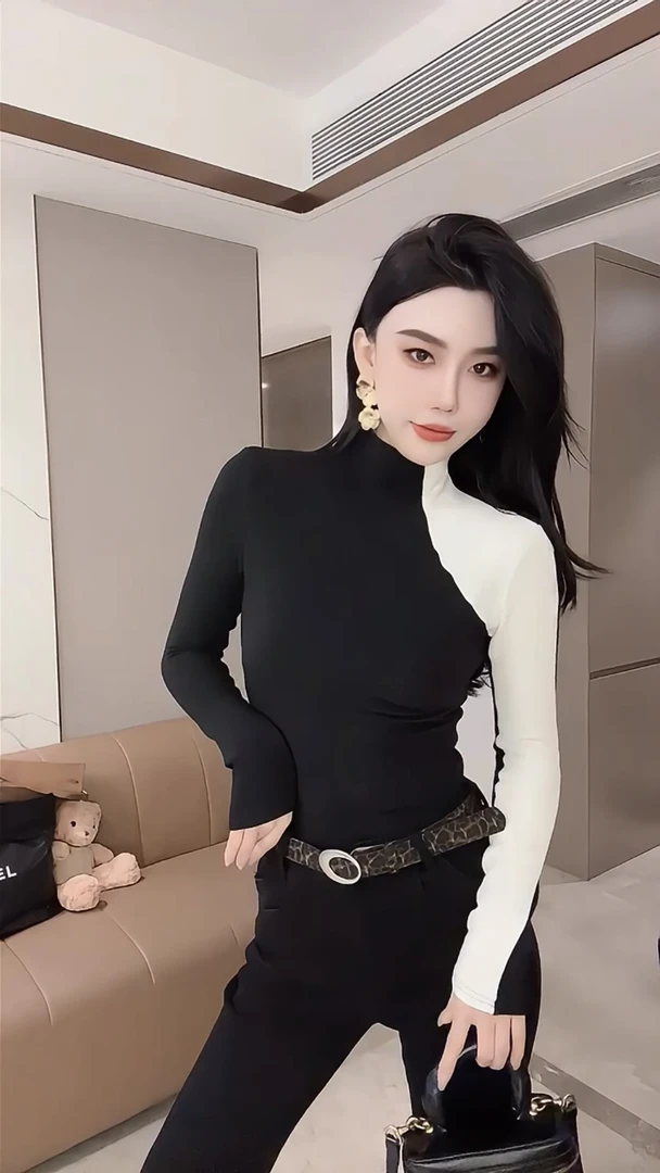 2024秋冬新款半高领别致拼色磨毛打底衫女长袖T恤内搭修身上衣