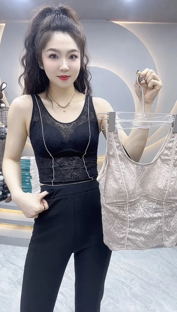 欧洲站新款蕾丝花边圆领背心固定杯内搭百搭外穿时尚美背高智淡人