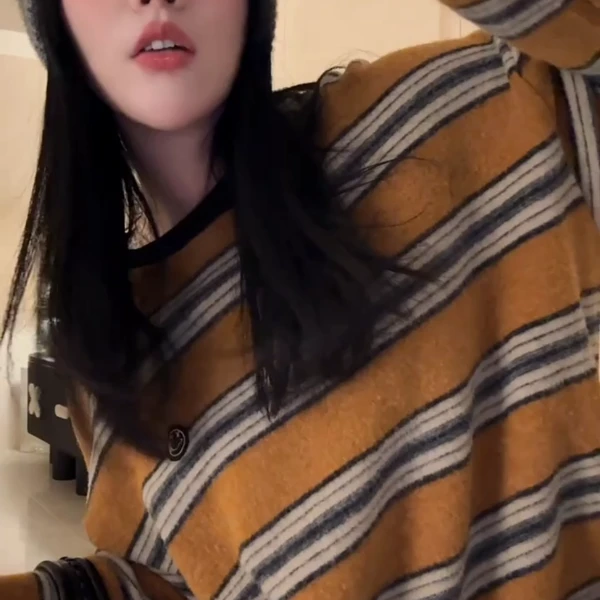 2024秋季新款美式肌理条纹女上衣撞色圆领长袖笑脸条纹T恤衫女装