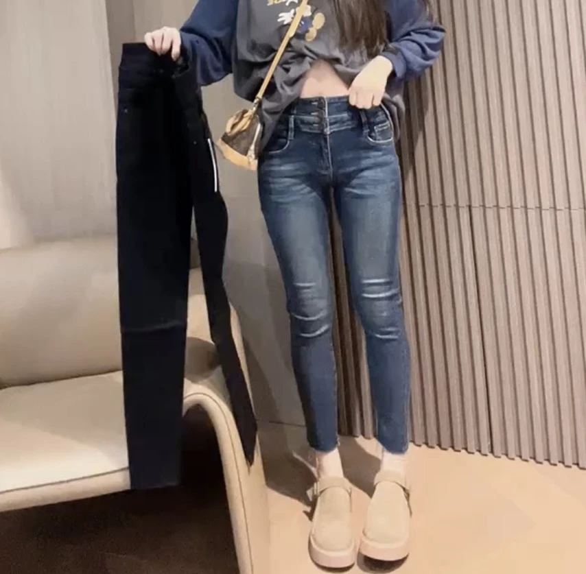 萱贝纯高腰显瘦牛仔裤女2025早秋新款时尚铅笔裤九分弹力小脚裤子