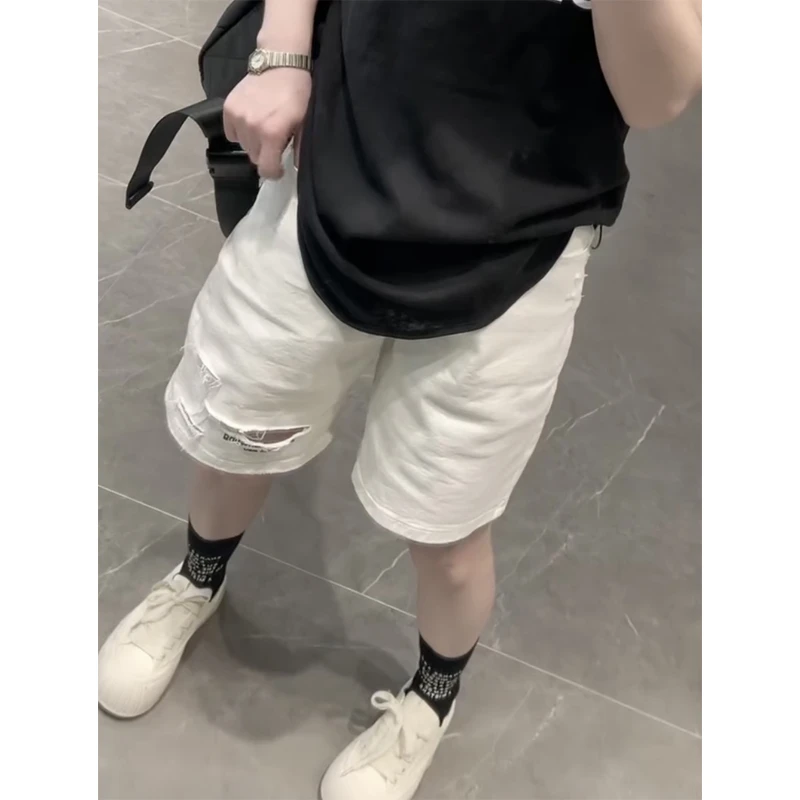 萱贝纯白色直筒牛仔短裤夏季新款大码百搭三分裤高腰显瘦A字热裤