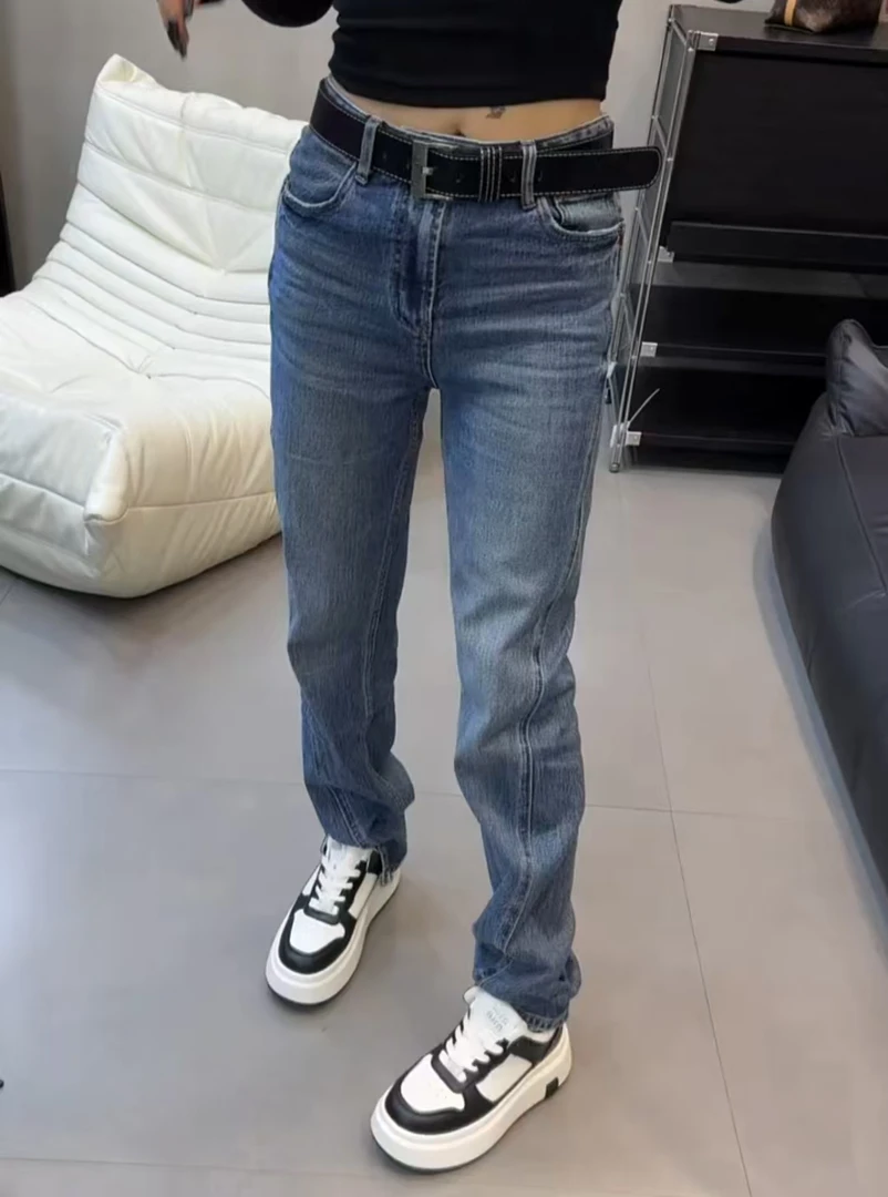 萱贝纯蓝色经典休闲牛仔裤2025新款百搭时尚直筒裤修身显瘦窄窄裤