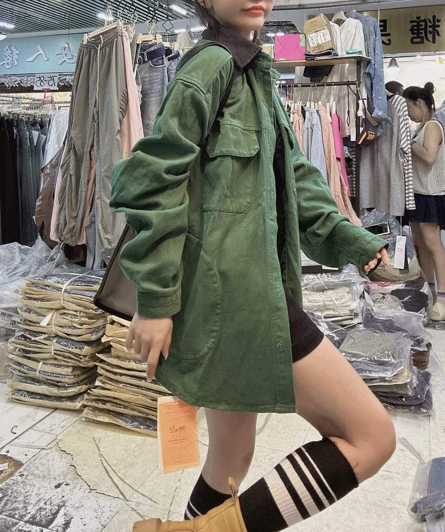 萱贝纯INS早秋新款宽松衬衫女复古绿色中长款牛仔外套时尚衬衣潮