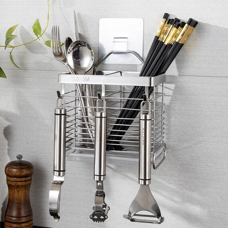 美厨家用筷子架筷子筒 304不锈钢免打孔筷子桶沥水架厨房置物架