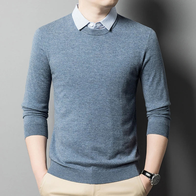 100%羊毛圆领假两件秋冬男士针织衫毛衣男装