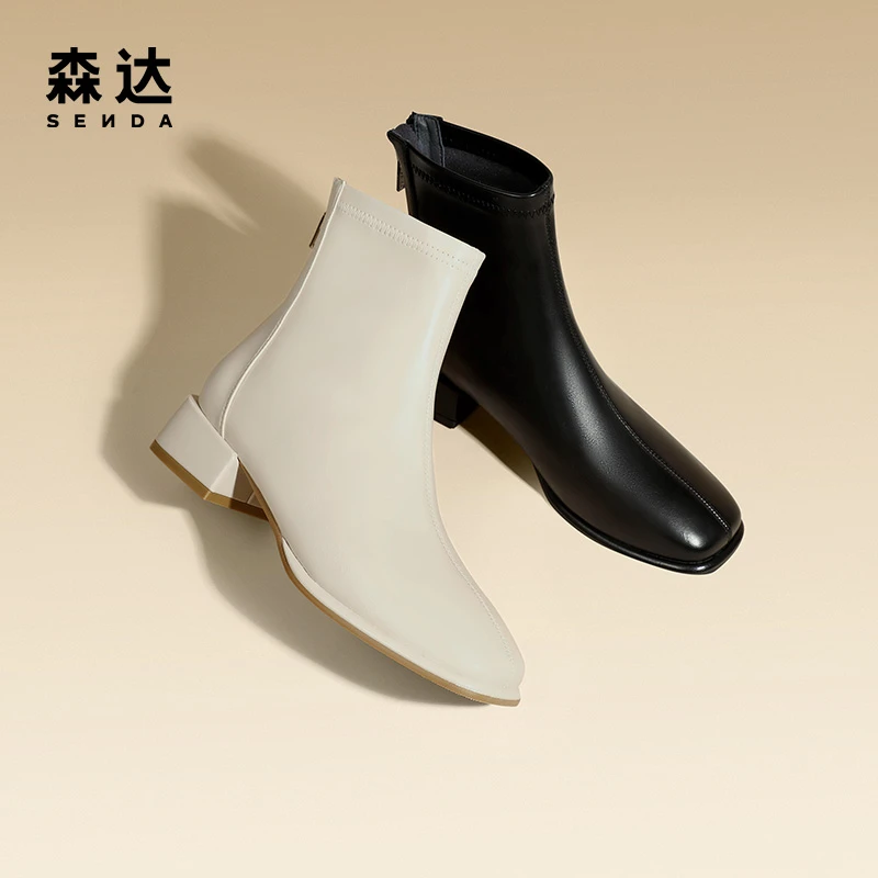 森达气质百搭弹力靴女冬季新款时尚显瘦粗跟显瘦休闲短靴ZTD12DD3