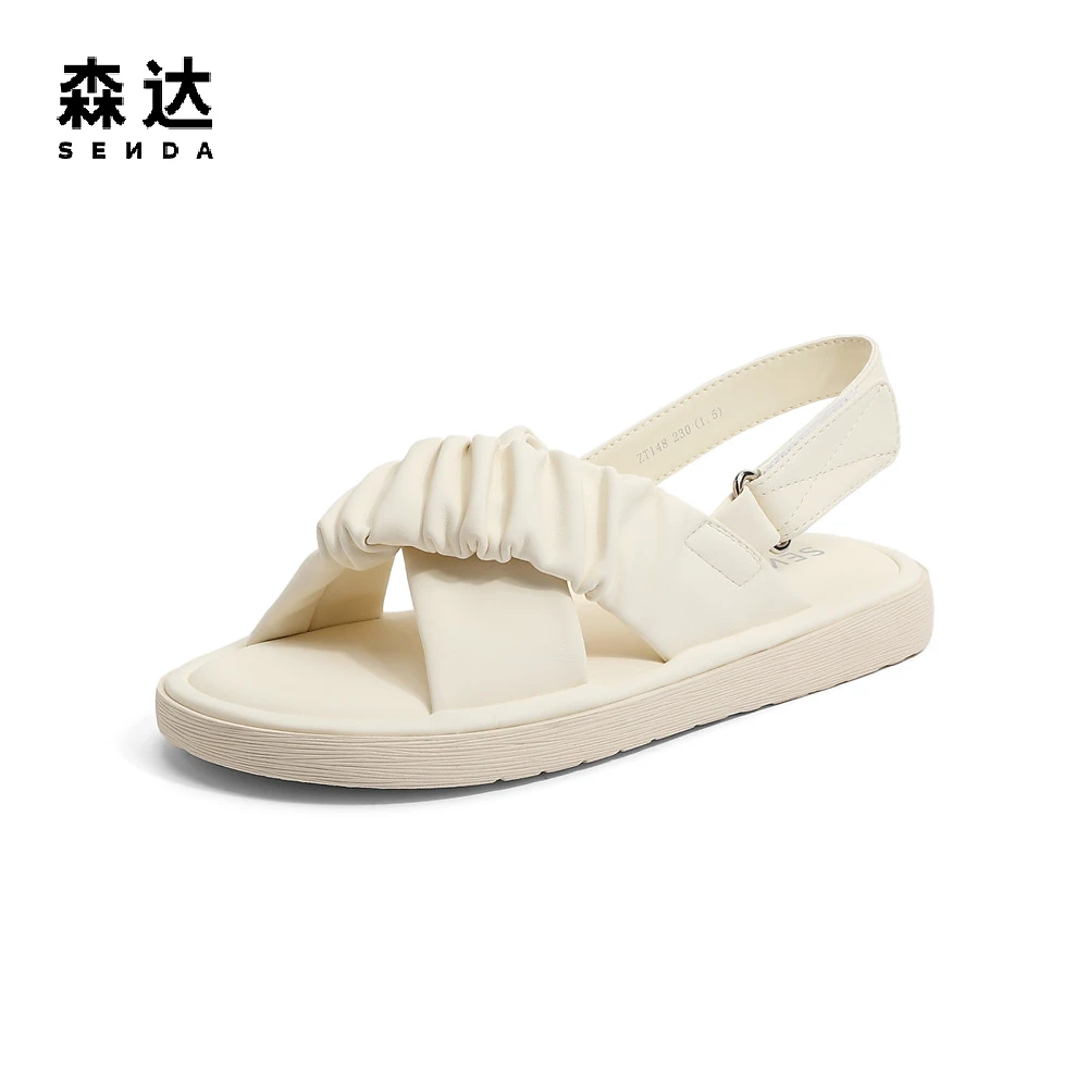 森达凉鞋女春褶皱小香风舒适平底拖ZT148BL3