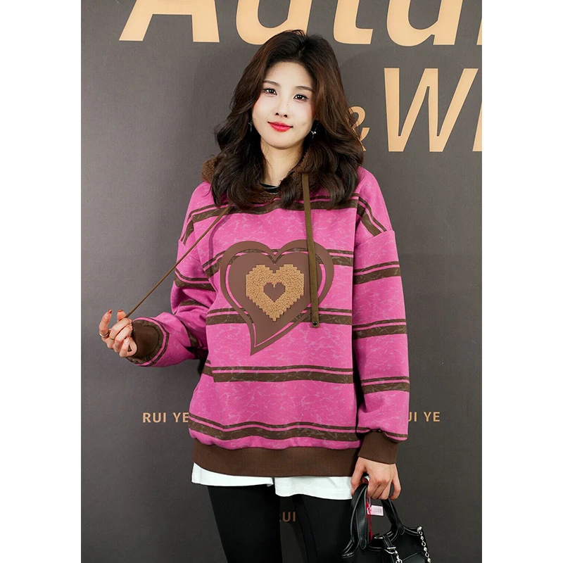 JY3WYD123584设计感连帽绣花爱心时尚百搭条纹卫衣女