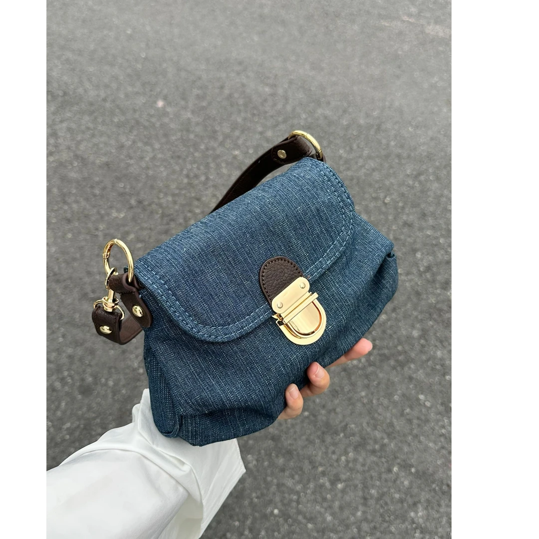 高级感！复古撞色牛仔包女2025秋冬新款时尚手提斜挎包单肩腋下包
